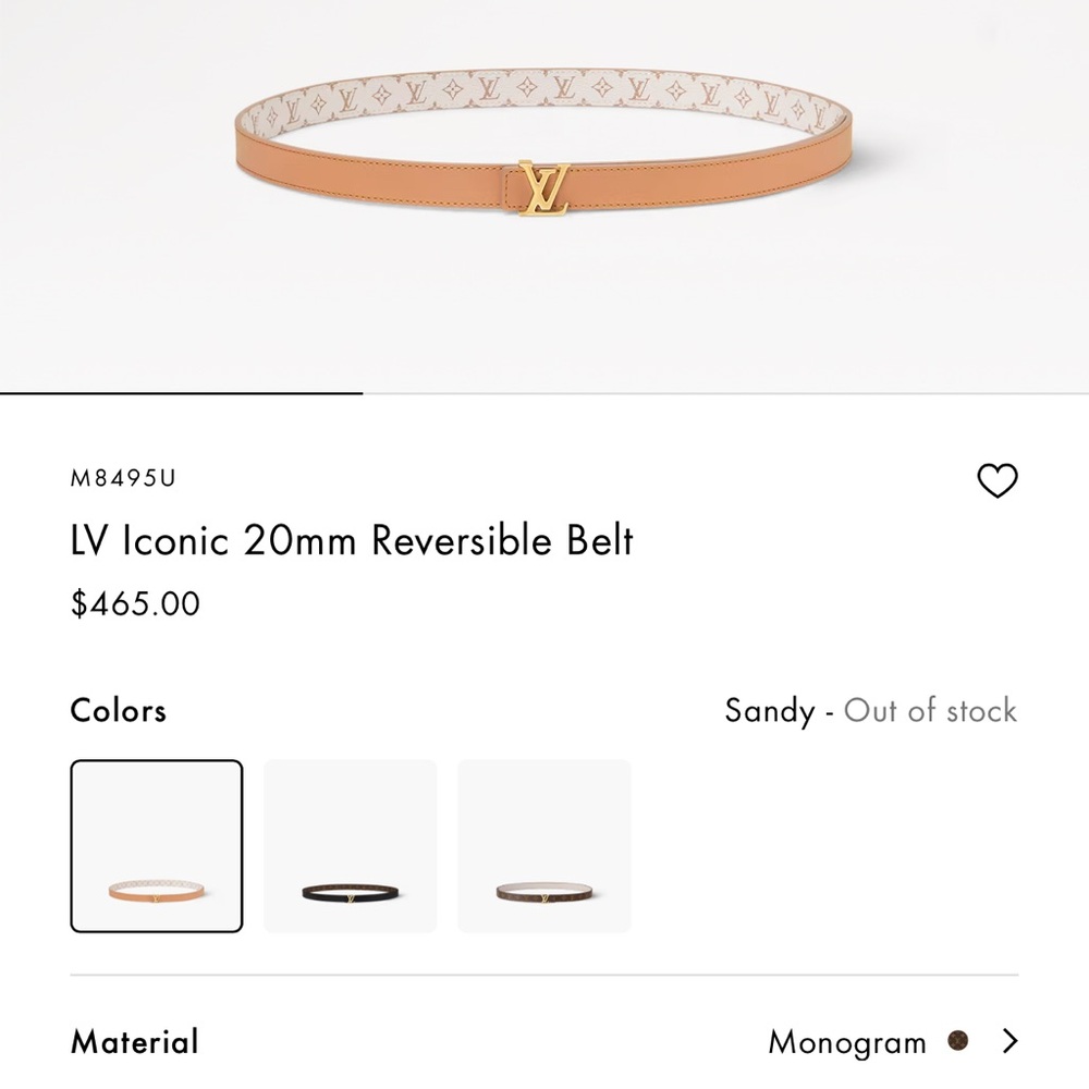 Louis Vuitton Tan and Gold Reversible Belt 20mm